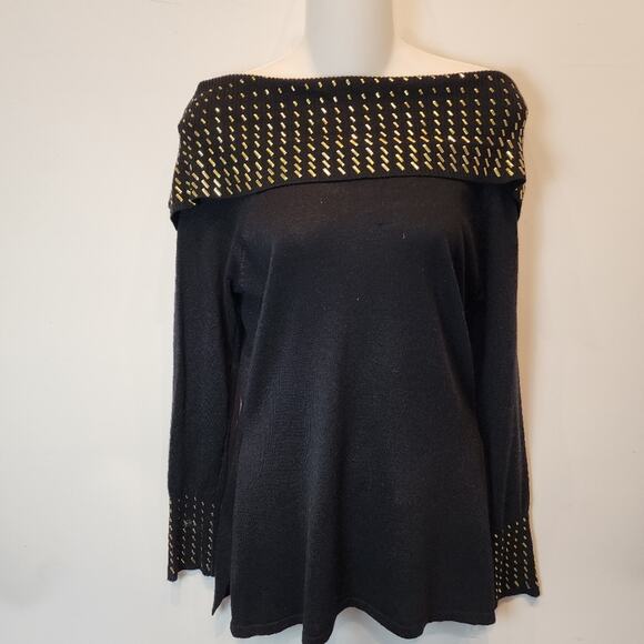 Questions Black Off the Shoulder Sweater Petites Small - Picture 2 of 9